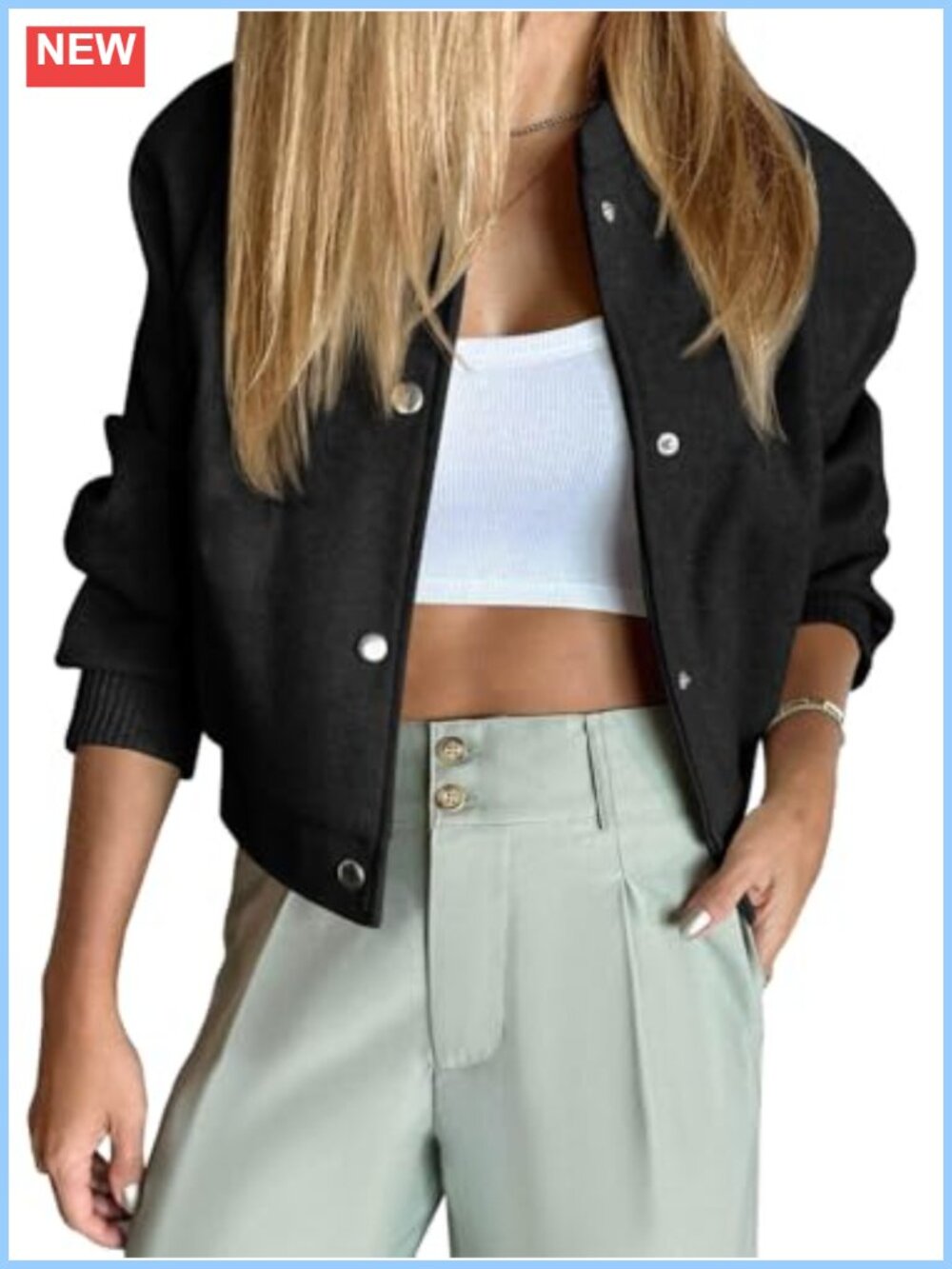 Cropped Varsity Bomber Jacket Women Casual Winter Coat Long Sleeve Button